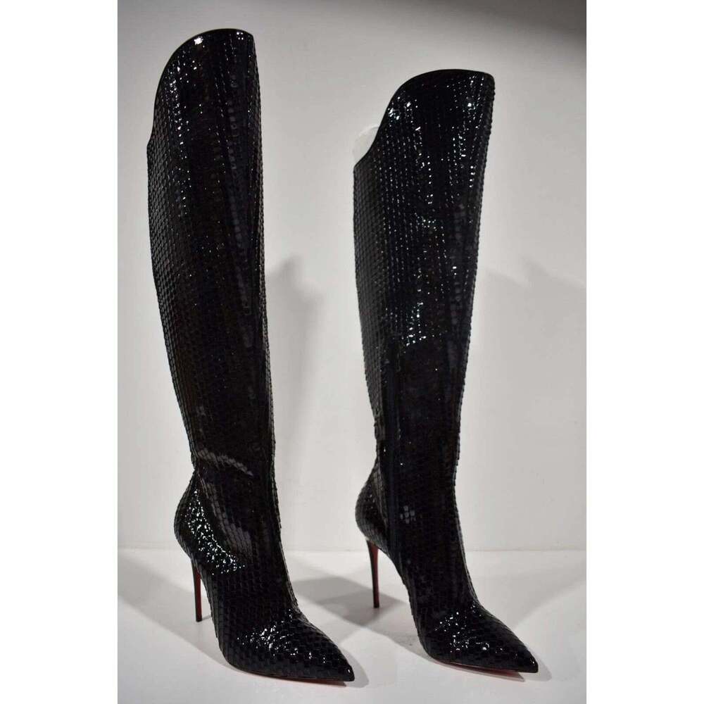 Christian Louboutin Alta Botta 100 Black Patent Bird Knee High OTK Heel Boot 36 - Picture 4 of 11